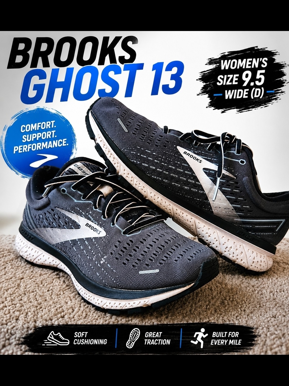 Brooks Ghost 13 Men’s Running Shoes — Black & White